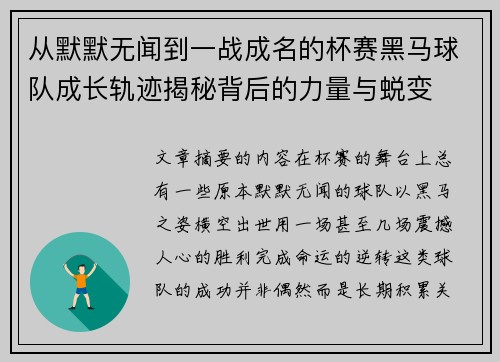 从默默无闻到一战成名的杯赛黑马球队成长轨迹揭秘背后的力量与蜕变